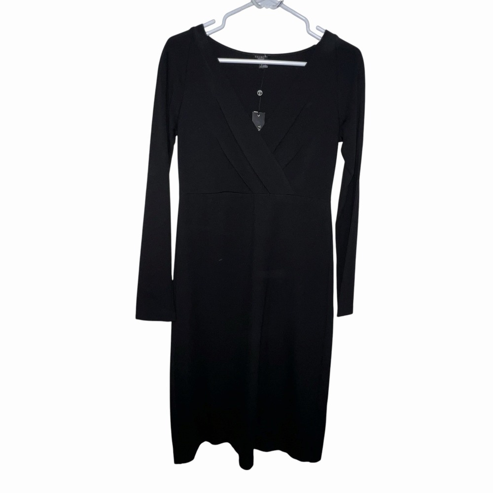 Talbots Dress Women Size 2 Black Ponte Long Sleeve V Cross Over Neck Shift New